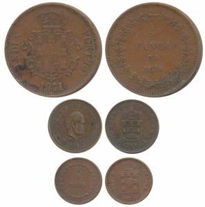 Luiz I, Copper 3 Reis & ½ Tanga / 30 Reis, 1871 (KM 301 & 305); Carlos, 1/12 Tanga, 1901 (