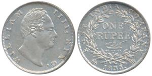 William IV, Silver Rupee, 1835, F incuse. About Extremely Fine.