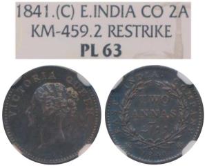 Victoria Queen, Silver Proof Restrike 2 Annas, 1841, continuous legend, Calcutta Mint, Eng