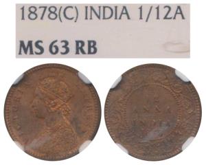Victoria Empress, Copper 1/12 Anna, 1878, Calcutta Mint, (Prid 787). Graded by NGC MS63RB.