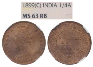 Victoria Empress, Copper ¼ Anna, 1899, Calcutta Mint, (Prid 632). Graded by NGC MS63RB.