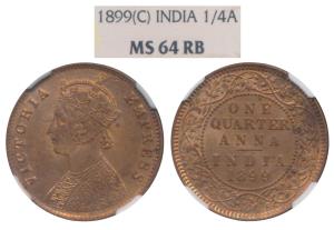 Victoria Empress, Copper ¼ Anna, 1899, Calcutta Mint, (Prid 632). Graded by NGC MS64.
