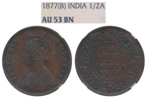 Victoria Empress, Copper ½ Anna, 1877, Bombay Mint, Bust B, 4 panels to the jabot with tin
