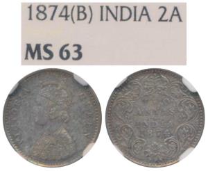 Victoria Queen, Silver 2 Annas, 1874, Bombay Mint, A / I / No mint mark, (Prid 516). Grade