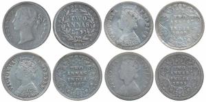 Victoria Empress, Silver 2 Annas, 1841, 1887, 1892 and 1895. Fine to Very Fine. (4)