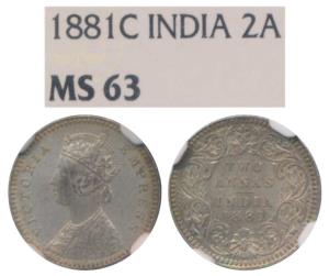 Victoria Empress, Silver 2 Annas, 1881, Calcutta Mint, B / II / C incuse, (Prid 496). Grad