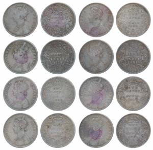 Victoria Queen & Empress, Silver Rupee (8), 1862, 1878, 1880 (2), 1889, 1891, 1893 and 190