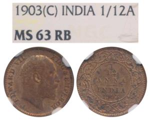 Edward VII, Copper 1/12 Anna, 1903, Calcutta Mint (Prid 818). Graded by NGC MS63BN.