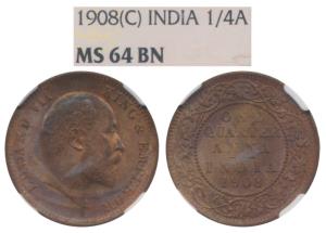 Edward VII, Bronze ¼ Anna, 1908, Calcutta Mint, (Prid 653). Graded by NGC MS64BN.