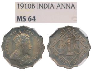 Edward VII, Cupro-Nickel Anna, 1910, Bombay Mint (Prid 929). Graded by NGC MS64.