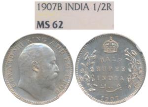Edward VII, Silver ½ Rupee, 1907, Bombay Mint, B incuse and dot, (Prid 316). Graded by NGC