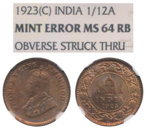 George V, Copper 1/12 Anna, Calcutta Mint, Mint, obv. struck thru. Graded by NGC MS64RB.