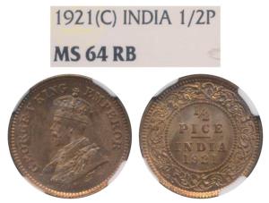 George V, Copper ½ Pice, 1921, Calcutta Mint (Prid 754). Graded by NGC MS 64RB.