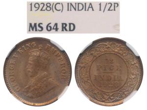 George V, Copper ½ Pice, 1928 Calcutta Mint (Prid 761). Graded by NGC MS64RD.