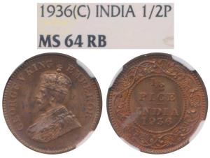 George V, Copper ½ Pice, 1936, Calcutta Mint, (Prid 769). Graded by NGC MS64RB.