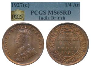 George V, Bronze ¼ Anna, 1927, Calcutta Mint, (Prid 668) Graded by PCGS MS65RD.