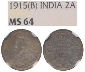 George V, Silver 2 Annas, 1915, Bombay Mint (Prid 574). Graded by NGC MS64.
