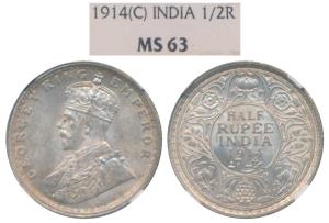 George V, Silver ½ Rupee, 1914, Calcutta Mint, (Prid 321). Graded by NGC MS63.
