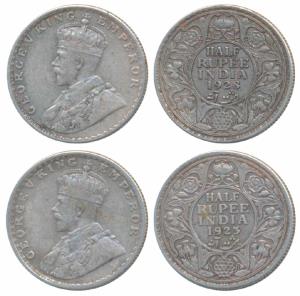 George V, Silver ½ Rupee, 1923 & 1928, Bombay Mint, (Prid 345 & 349). Very Fine. (2)