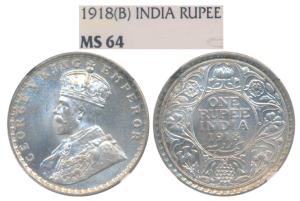 George V, Silver Rupee, 1918, Bombay Mint (Prid 224). Graded by NGC MS64.