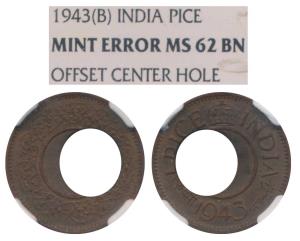 George VI, Copper Pice, 1943, Bombay Mint, Error, hold punched 25% off-center. Graded by N
