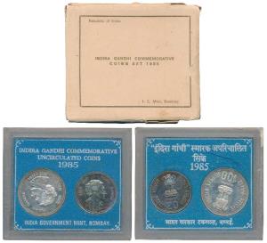1985 Uncirculated Set, Death of Indira Gandhi, set of 2, Rupees 20 and 100. Within origina