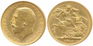 Australia, George V, Gold Sovereign, 8g, 1911, Error, extra metal in the digit 9 of the da