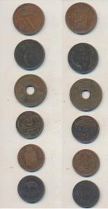 Austria, 2 Hellers, 1893 (KM 2801); Ceylon, 1/192 Rixdollar, 1802 (KM 73); Denmark, 2 Ore,