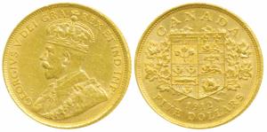 Canada, George V, Gold Dollar 5, 8.35g, 1912, shield, value and date on rev. (KM 26). Very