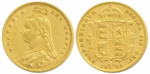Great Britain, Victoria, Gold ½ Sovereign, 4g, 1892, Jubilee head, rev. Shield (KM 766). V