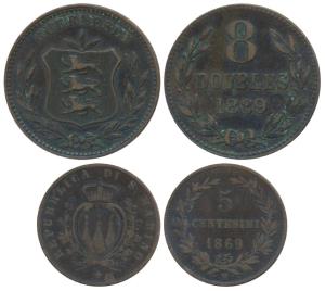 Guernesey, Copper 8 Doubles, 1889 (KM 7); San Marino Republic First coinage (1864-1906), C