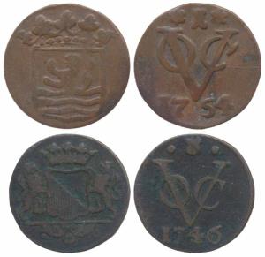 Netherlands East Indies, Copper Duit (2), obv. crowned arms, rev. VOC and date 1784 & 1790
