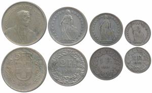 Switzerland, Silver 5 Francs, 2 Francs, 1 Franc & ½ Franc, 1967, 1944, 1911 & 1921 (KM 40,