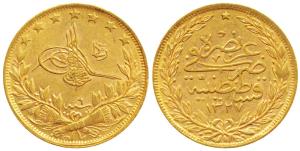 Turkey, Muhammad V, Gold 100 Kurush, 7.2g, Qustantiniyah (Constantinople) Mint, AH 1327/6 