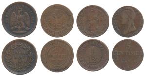 France, Copper 5 Centimes, Paris Mint, L'An-4 (1795/6); Paraguay, 1/12 Real 1845; Russia, 