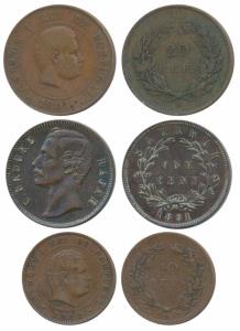Sarawak, Charles Brooke Rajah, Copper Cent, 1891; Portugal, Carlos I, Copper 10 & 20 Reis,