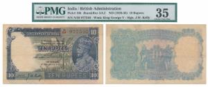 George V, Rupees 10, 3rd Issue, 1933, signed J. W. Kelly, (J&R 3.8.2). Graded by PMG Choic