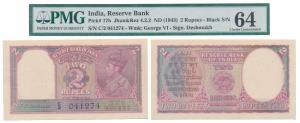 George VI, Rupees 2, 1943, signed C. D. Deshmukh (J&R 4.2.2). Graded by PMG Choice Uncircu