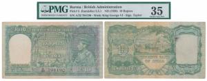 Burma, George VI, Rupees 10, 1938, signed J. B. Taylor, green colour (J&R 5.5.1). Graded b