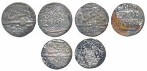 Ranbir Singh, Silver Rupee, Srinagar Mint, VS 1936; Pertab Singh (2), VS 1944 & 1945, obv.