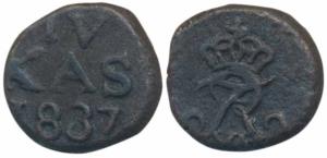 Tranquebar, Fredrick VI (1808 - 1839 AD), Copper 4 Cash, 2.02g, 1837, obv. crowned FR Mono