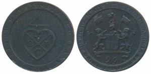 Copper ½ Dub or 1/96 Rupee, 6.8g, 1794, coat of arms of the EIC on obv., bale mark on rev.