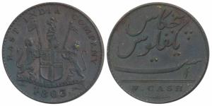 Copper 5 Cash, 3.14g, obv. coat of arms of the EIC and date 1803., rev. value in English. 