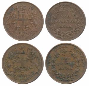 Copper ¼ Anna (2), 1835, Madras Mint, flat top to numeral 1, issued after 1849, Y of COMPA