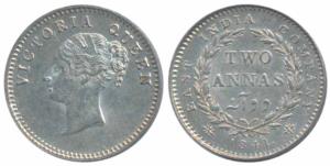 Victoria Queen, Silver 2 Annas, 1841, Continuous legend, Bombay Mint, English Head, No ini