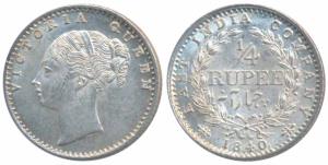Victoria Queen, Silver ¼ Rupee, 1840, continuous legend, Calcutta Mint, Indian head, incus
