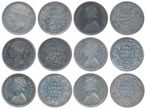 Victoria Queen, Silver 2 Annas, 1841 (2), 1862 (2), 1882 C incuse, 1884 B raised. About Ve