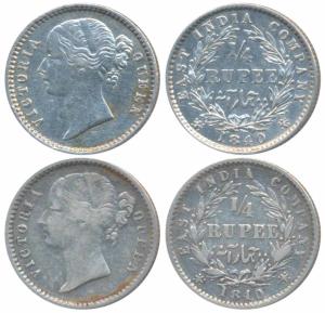 Victoria Queen, Silver ¼ Rupee (2), 1840, divided legend, Calcutta / Bombay Mint, WW raise