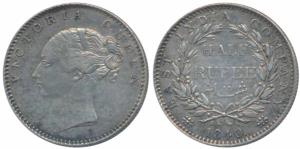 Victoria Queen, Silver ½ Rupee, 1840, continuous legend, English Head, 19 Berries (9L+10R)