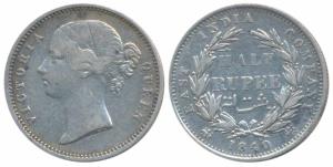 Victoria Queen, Silver ½ Rupee, 1840, divided legend, Calcutta / Bombay Mint, WW incuse, 2